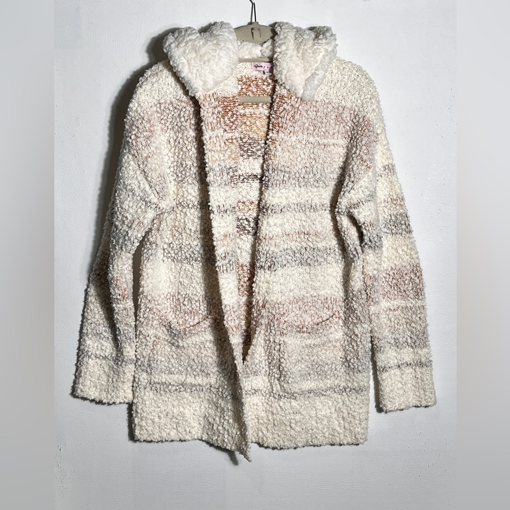 CRAVE FAME Striped Cozy Fleece Hooded Cardigan Large